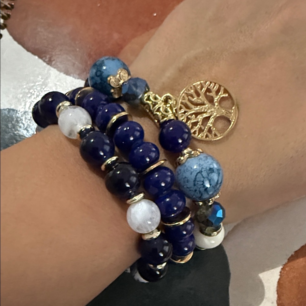 Elegant Blue and Gold Beaded Bracelet Set